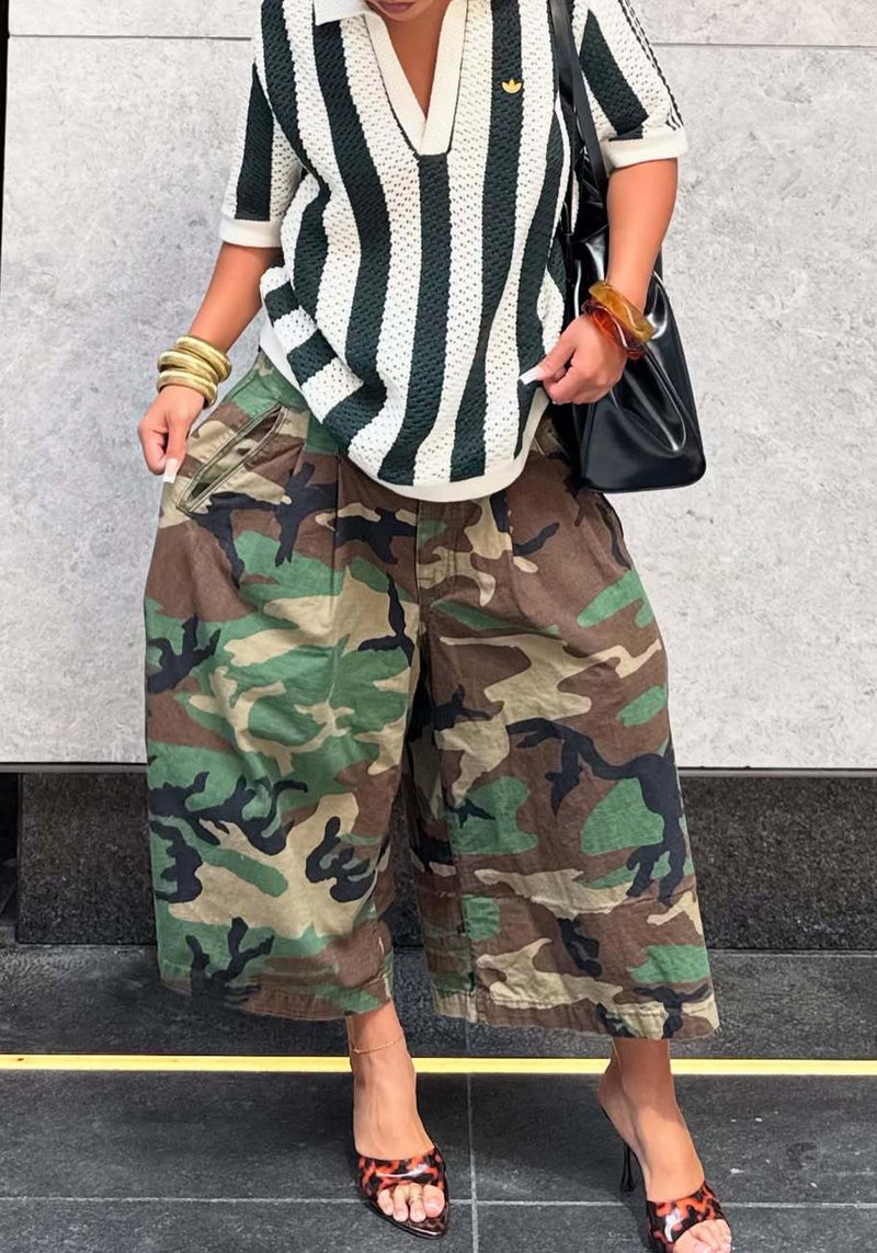 NRTHYE Womens Camo Cargo Jeans Army Fatigue Baggy Wide Leg High Waist Capris Camouflage Trousers Bermuda Boyfriend Pants - Image 2