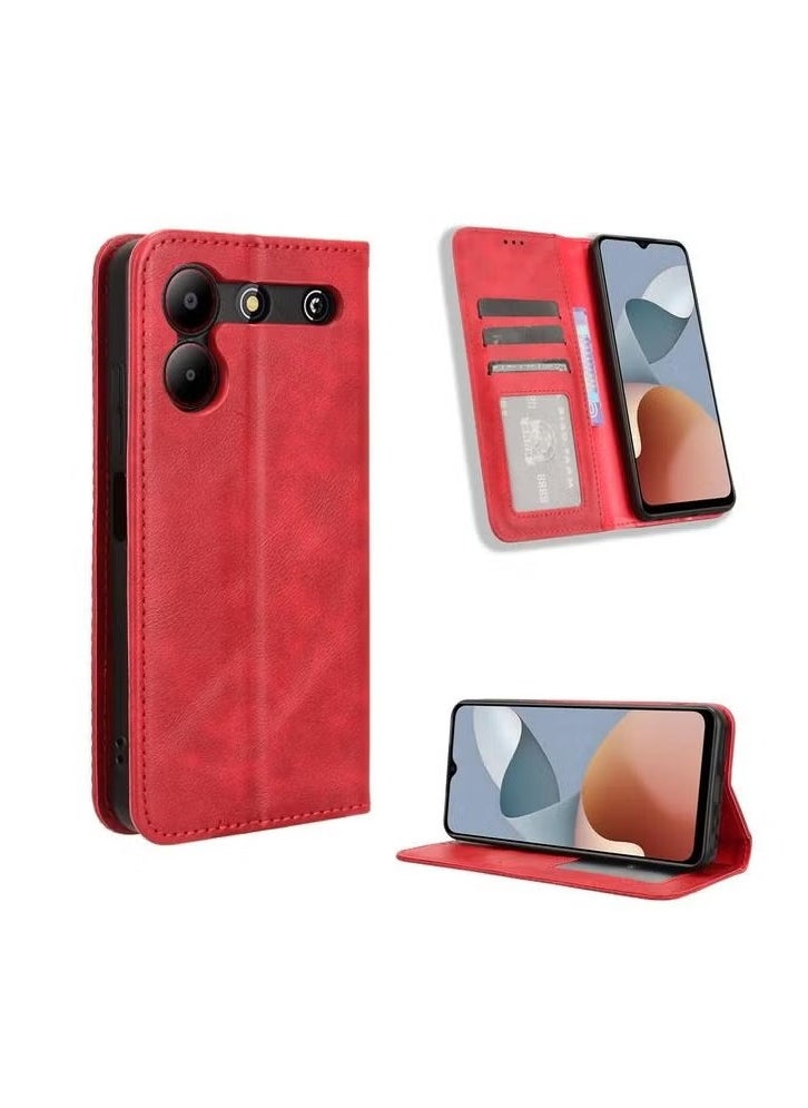 erorex Red Leather Wallet Case with Card Slots for ZTE Blade A54 