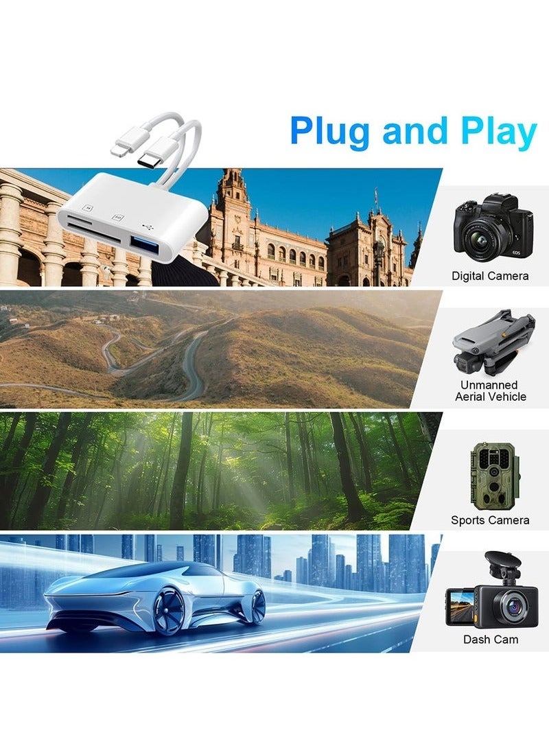 SD Card Reader 3-in-2 for iPhone & USB-C Devices, High-Speed Memory Card Adapter with Dual SD/TF Slots, Plug & Play Camera Card Viewer, Compatible with iPhone, iPad, Huawei & Type-C Smartphone
