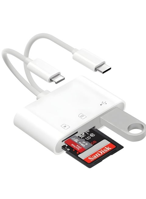 SD Card Reader 3-in-2 for iPhone & USB-C Devices, High-Speed Memory Card Adapter with Dual SD/TF Slots, Plug & Play Camera Card Viewer, Compatible with iPhone, iPad, Huawei & Type-C Smartphone