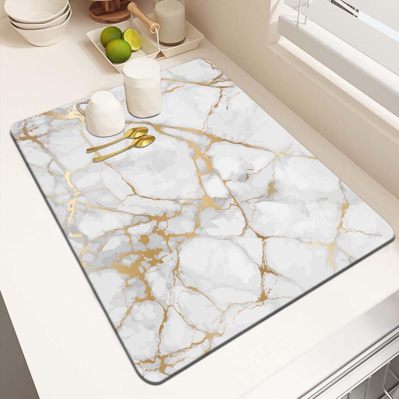 MCALK Marble White Dish Drying Mat for Kitchen Counter, Gold Dish Drying Pad with Anti-Slip Rubber Base, Absorbent Kitchen Sink Mat with Modern Art Decor (1 pc 18" x 16") - Image 1