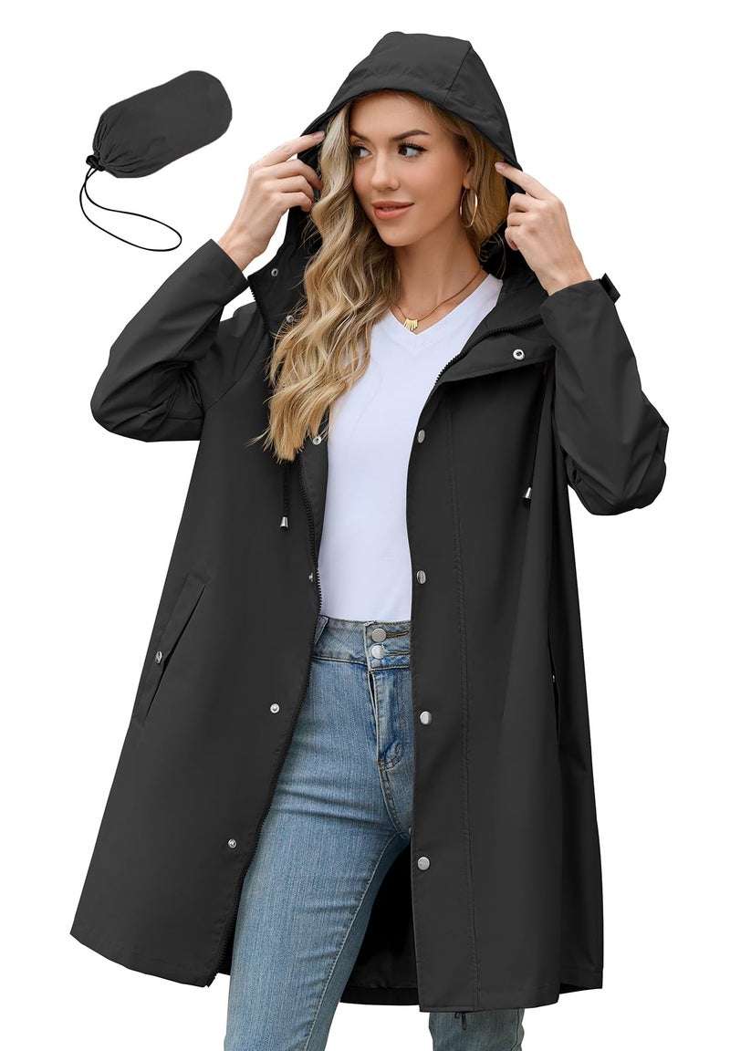 Zando Long Rain Jacket Women Waterproof - Raincoat for Women Womens Rain Jacket with Hood Packable Rain Coats Lightweight Windbreaker for Outdoor Commute Hiking Gifts Black XL - Image 1