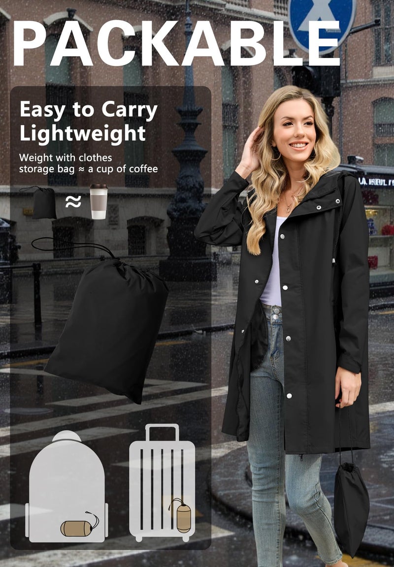 Zando Long Rain Jacket Women Waterproof - Raincoat for Women Womens Rain Jacket with Hood Packable Rain Coats Lightweight Windbreaker for Outdoor Commute Hiking Gifts Black XL - Image 4