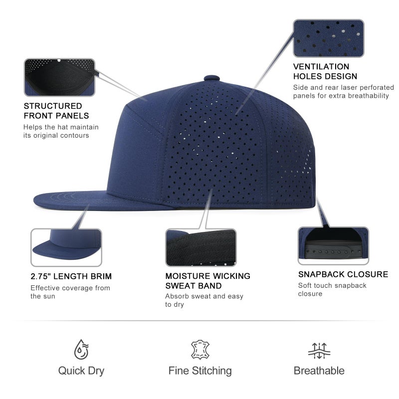 FEINION Men Flat Brim Adjustable Performance Hat Snapback Laser Perforated Baseball Cap (Navy) - Image 3