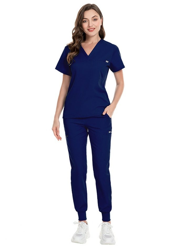 Loquat Unisex Medical Uniform Scrubs 2 Piece Set V-Neck Top and Elastic Waist Jogger Pants Suit Navy Blue  - Image 1