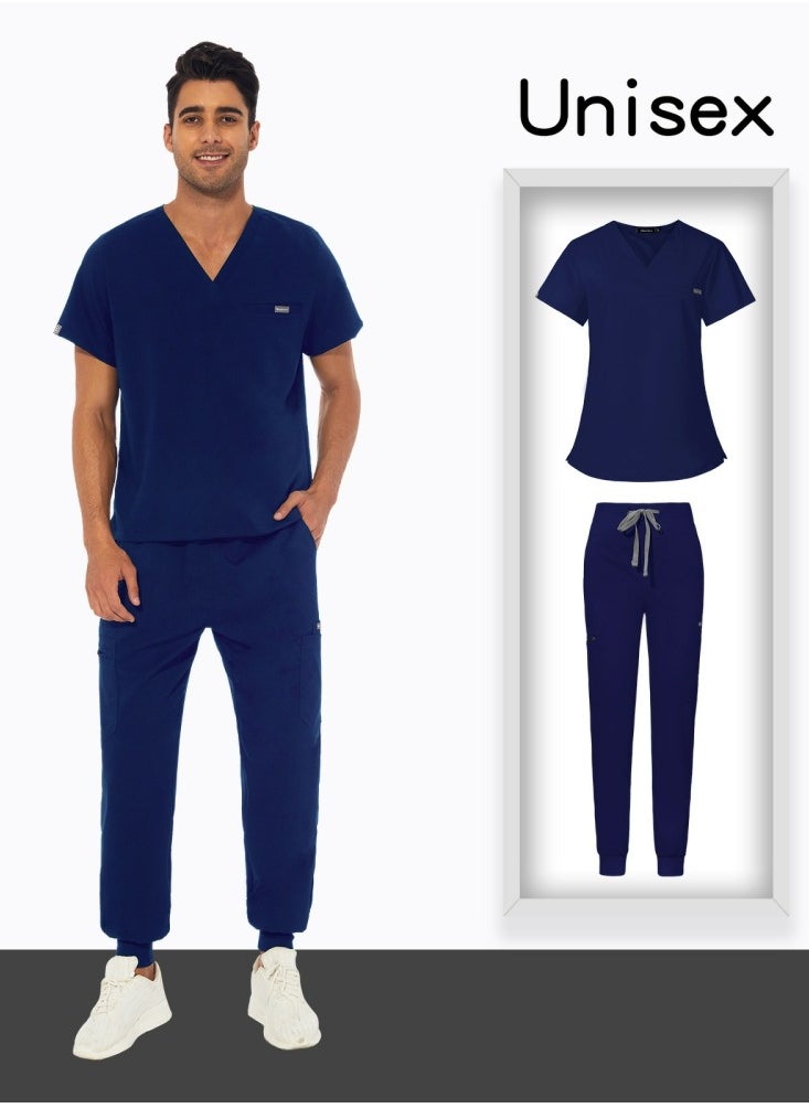 Loquat Unisex Medical Uniform Scrubs 2 Piece Set V-Neck Top and Elastic Waist Jogger Pants Suit Navy Blue  - Image 3