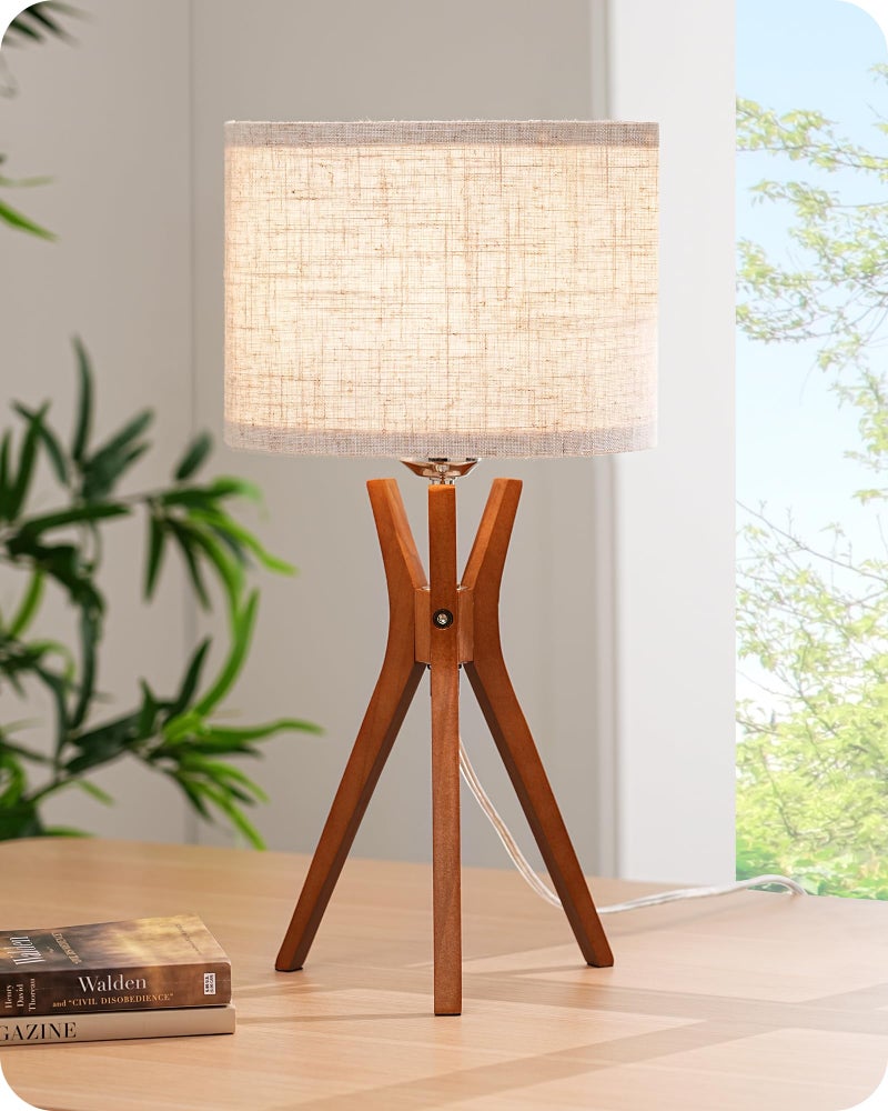 EDISHINE Mid Century Table Lamp, 17.5" Tripod Bedside Lamp with Deep Wood Color Light Base & Beige Linen Lampshade, Nightstand Lamp for Bedroom, Living Room, Reading Room, E26 Base - Image 1