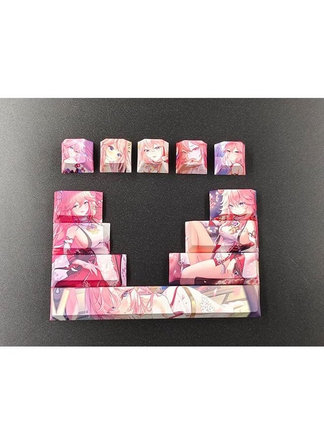 مجموعة 12 غطاء مفاتيح، أغطية مفاتيح PBT ذات 5 جوانب، أغطية مفاتيح مخصصة لملف Cherry للوحة مفاتيح الألعاب الميكانيكية Cherry MX DIY، Genshin Impact Yae Miko
