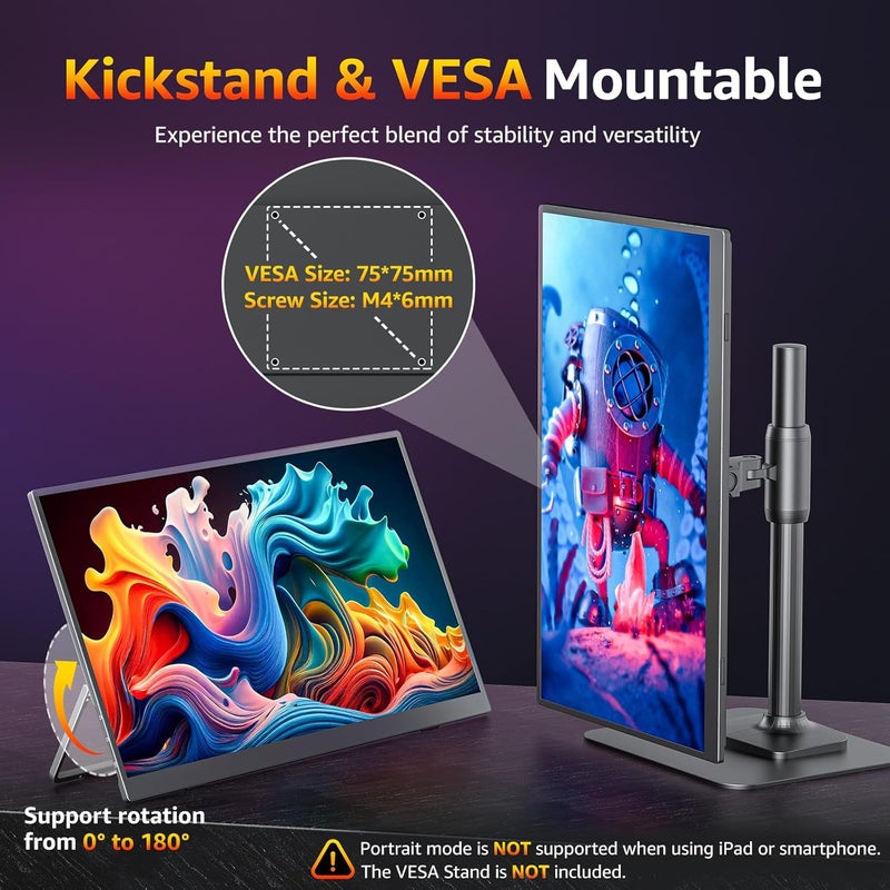 cocopar Portable Monitor 18.5 Inch 1080P FHD 100Hz 125% sRGB Travel Monitor with Speaker HDMI USB-C Second Screen for Laptop MacBook Surface PC Xbox PS4/5, VESA Mountable, with Kickstand - Image 5