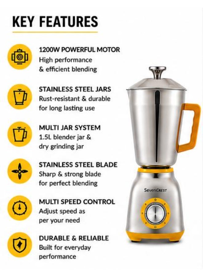 Seven CREST SevenCrest Stainless Steel Blender 1200W Multi Purpose Mixer Grinder With Dry Grinding Jar 1.5L Heavy Duty Kitchen Blender Multi Speed Control Model Y11-8 - Image 3