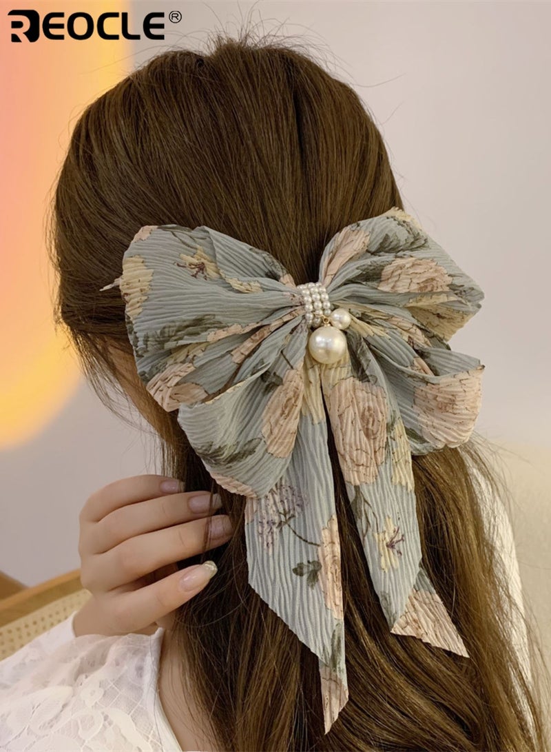 REOCLE Women's Pleated Hairpin Fabric Bow Hair Claw Pearl-Accented Large Size Hair Clip Versatile Styling Accessory for Daily Use - Image 1