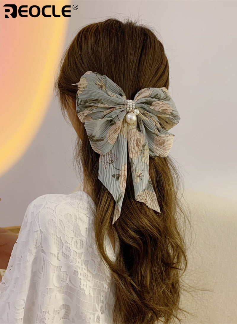 REOCLE Women's Pleated Hairpin Fabric Bow Hair Claw Pearl-Accented Large Size Hair Clip Versatile Styling Accessory for Daily Use - Image 2