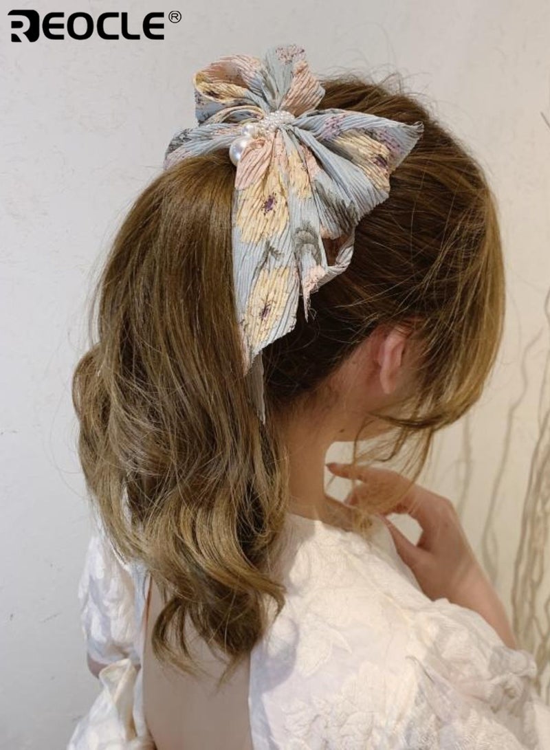 REOCLE Women's Pleated Hairpin Fabric Bow Hair Claw Pearl-Accented Large Size Hair Clip Versatile Styling Accessory for Daily Use - Image 4