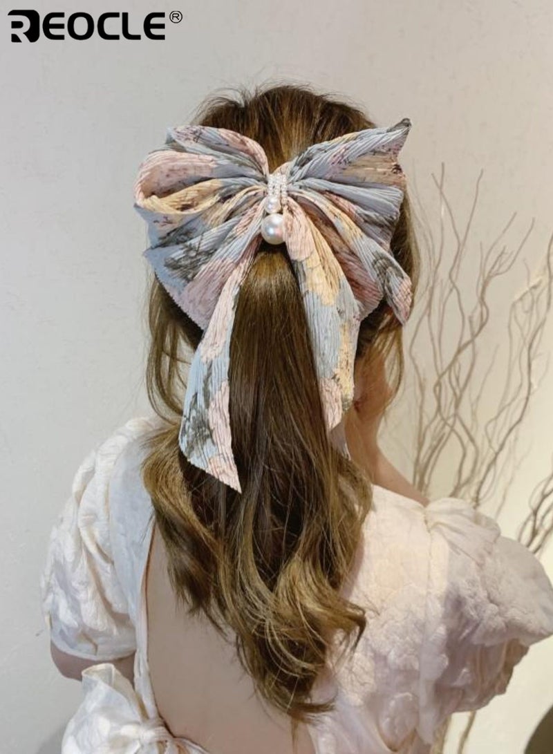 REOCLE Women's Pleated Hairpin Fabric Bow Hair Claw Pearl-Accented Large Size Hair Clip Versatile Styling Accessory for Daily Use - Image 3