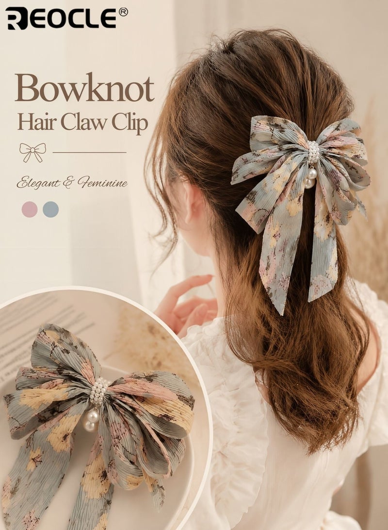 REOCLE Women's Pleated Hairpin Fabric Bow Hair Claw Pearl-Accented Large Size Hair Clip Versatile Styling Accessory for Daily Use - Image 1
