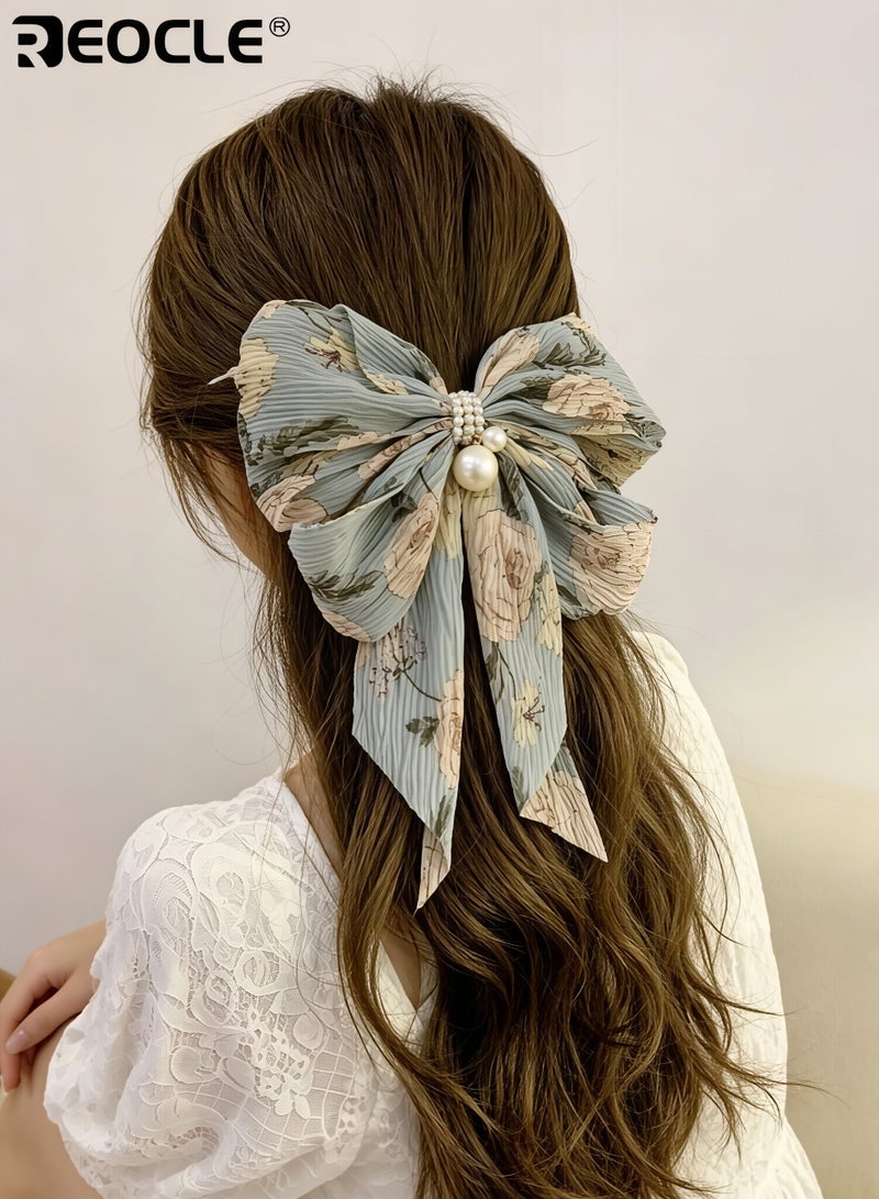 REOCLE Women's Pleated Hairpin Fabric Bow Hair Claw Pearl-Accented Large Size Hair Clip Versatile Styling Accessory for Daily Use - Image 4