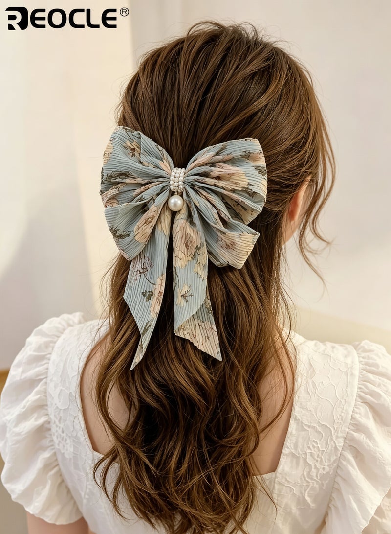 REOCLE Women's Pleated Hairpin Fabric Bow Hair Claw Pearl-Accented Large Size Hair Clip Versatile Styling Accessory for Daily Use - Image 2