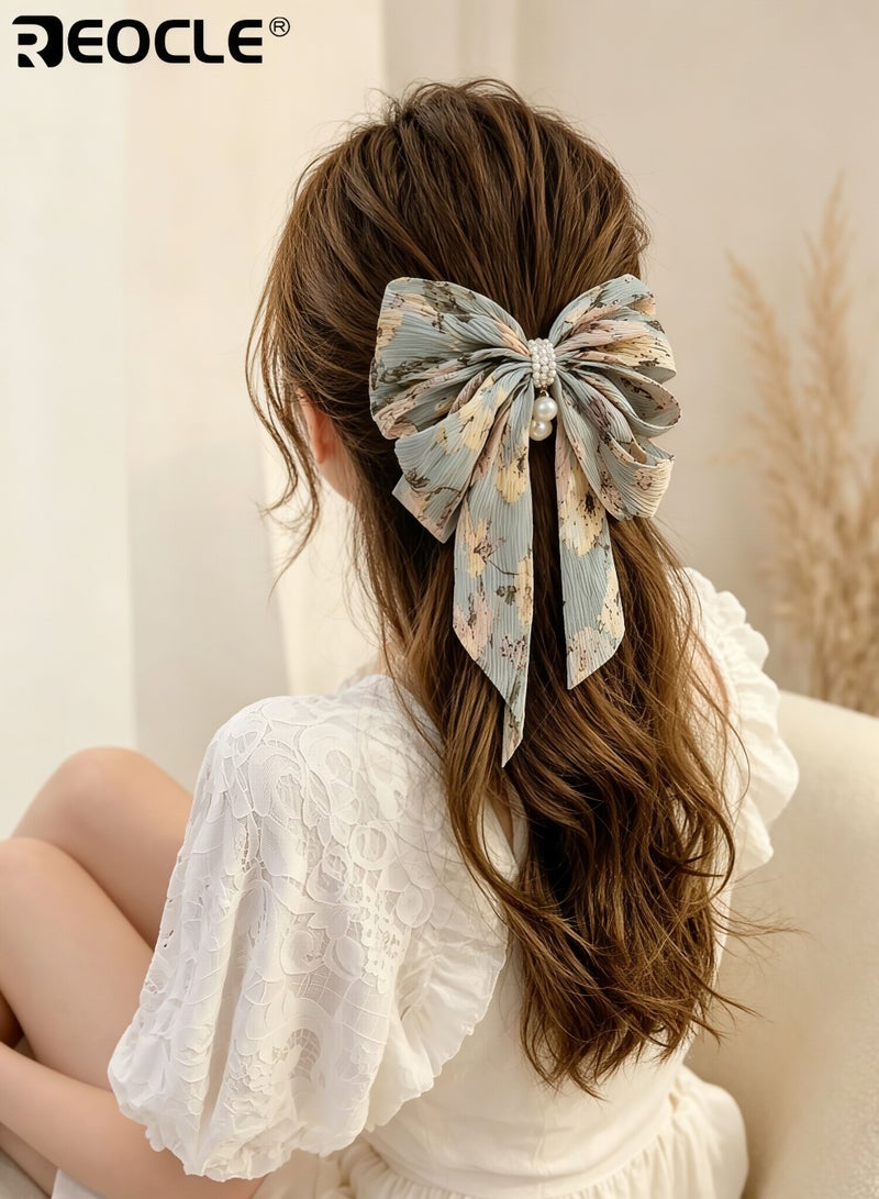 REOCLE Women's Pleated Hairpin Fabric Bow Hair Claw Pearl-Accented Large Size Hair Clip Versatile Styling Accessory for Daily Use - Image 3