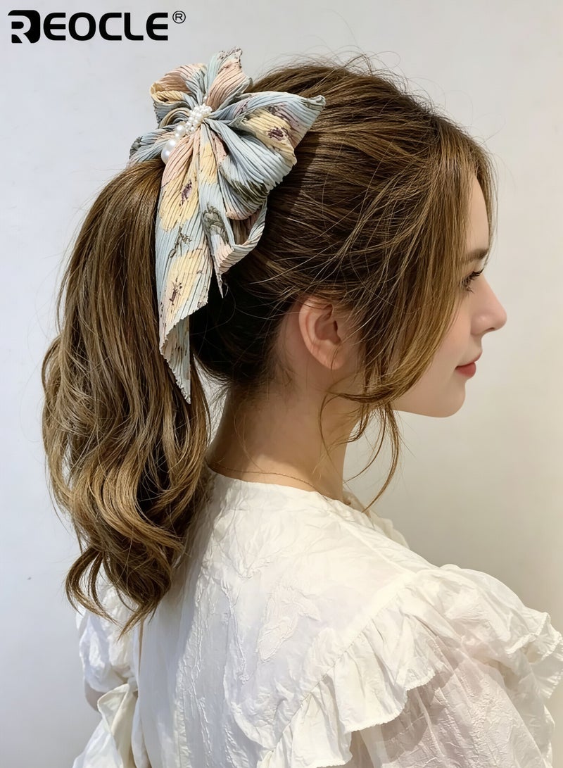 REOCLE Women's Pleated Hairpin Fabric Bow Hair Claw Pearl-Accented Large Size Hair Clip Versatile Styling Accessory for Daily Use - Image 5