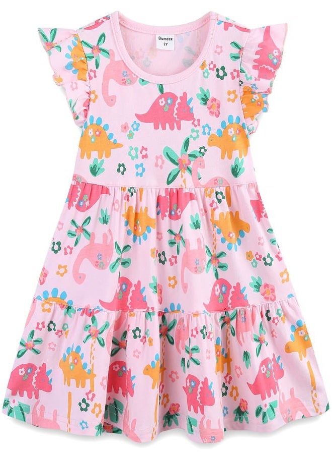 Bumeex Girl's Dresses Cotton Ruffle Sleeve Tiered Swing A-Line Cute Midi Casual Sundress, #Pink Dinosaur, 6-7 Years - Image 1