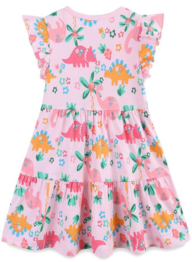Bumeex Girl's Dresses Cotton Ruffle Sleeve Tiered Swing A-Line Cute Midi Casual Sundress, #Pink Dinosaur, 6-7 Years - Image 2