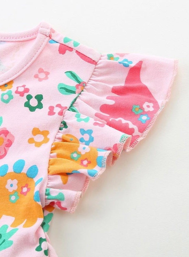 Bumeex Girl's Dresses Cotton Ruffle Sleeve Tiered Swing A-Line Cute Midi Casual Sundress, #Pink Dinosaur, 6-7 Years - Image 5