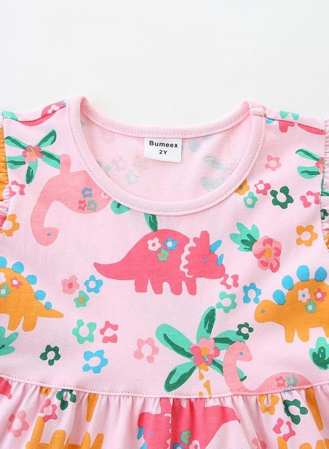 Bumeex Girl's Dresses Cotton Ruffle Sleeve Tiered Swing A-Line Cute Midi Casual Sundress, #Pink Dinosaur, 6-7 Years - Image 4