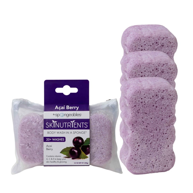 Spongeables Body Wash in a 20 Wash Sponge Acai Berry 3 Count