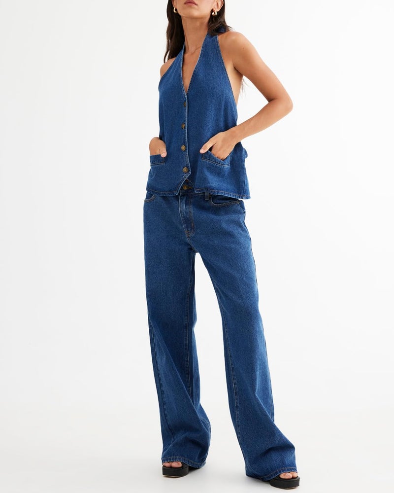 Fisoew Women's Two Piece Denim Set Button Down Backless Tank Top and Wide Leg Jeans 2 Piece Outfit Suits - Image 3