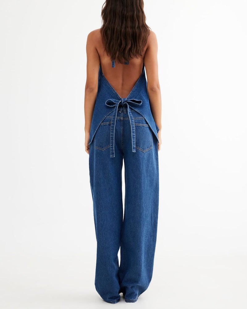 Fisoew Women's Two Piece Denim Set Button Down Backless Tank Top and Wide Leg Jeans 2 Piece Outfit Suits - Image 4