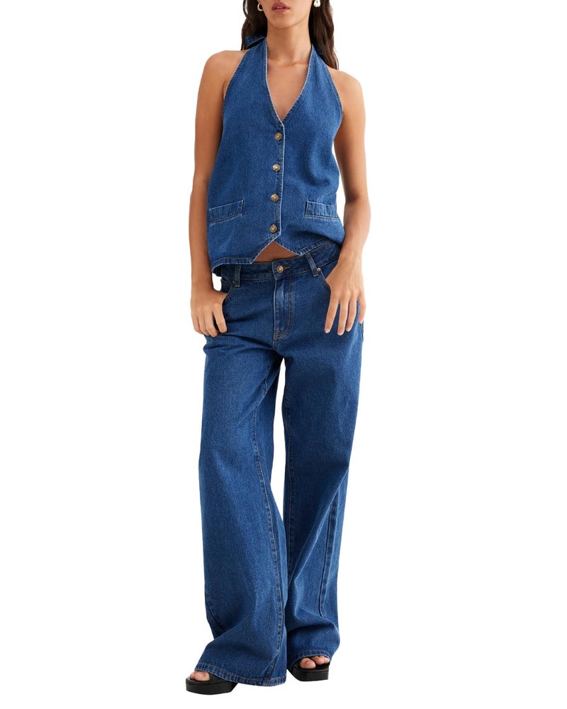 Fisoew Women's Two Piece Denim Set Button Down Backless Tank Top and Wide Leg Jeans 2 Piece Outfit Suits - Image 1