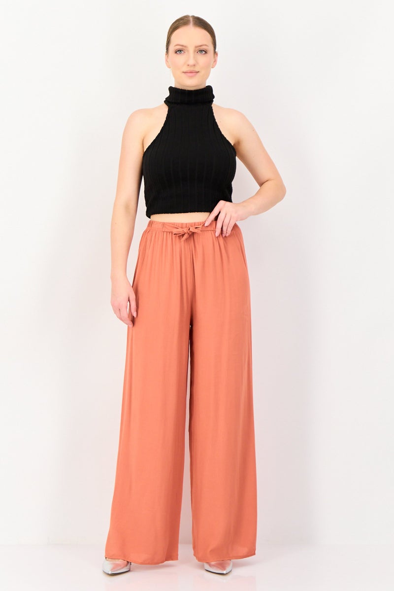 Happiness Istanbul Women Regular Fit Solid Palazzo Pants, Peach - Image 2