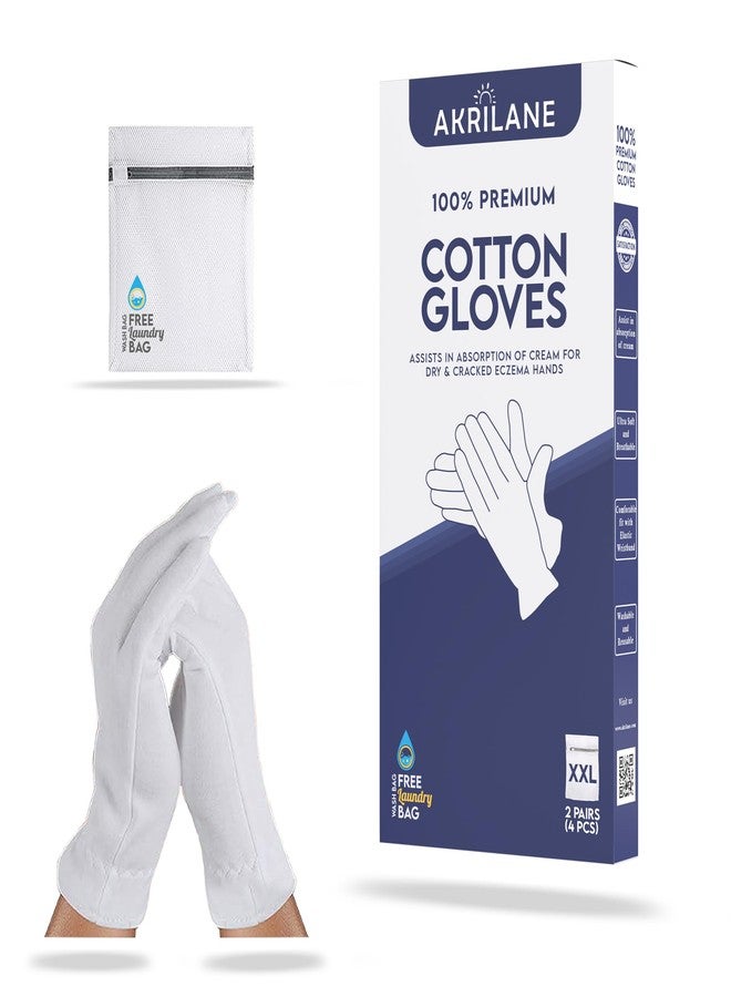AKRILANE XXL Extra Extra Large 2 Pairs 100% Premium Cotton Gloves for Dry Hands | Moisturizing Overnight Gloves for Eczema, Psoriasis & Skin Spa Treatment for Women & Men | Free Laundry Bag - Image 1