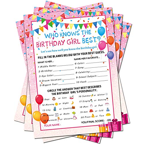 Skylety The Birthday Girl Best 50 Pieces Birthday Party Activity Game Card Set Who Knows Her Best Girl Birthday Party Activity Themed Party Decorations Pink - Image 1