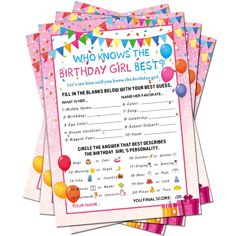 Skylety The Birthday Girl Best 50 Pieces Birthday Party Activity Game Card Set Who Knows Her Best Girl Birthday Party Activity Themed Party Decorations Pink - Image 2