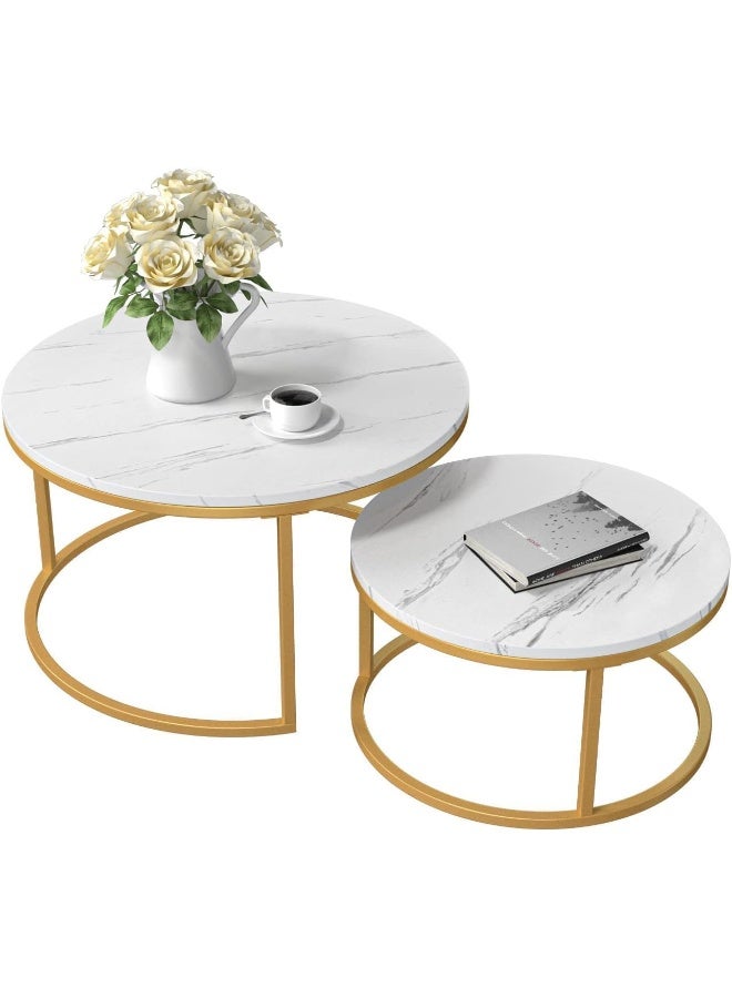 Contemporary Round Nesting Coffee Table Set With Marble Top - Modern Metal Base Stackable Design For Stylish Living Spaces Style4