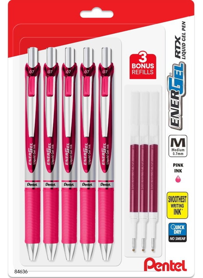 Pentel EnerGel 0.7 mm Liquid Gel Ink Pens - Pack of 5 Pink Deluxe RTX Energel Pens with 3 Refills - Image 1