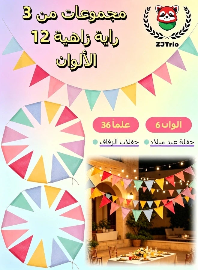 ZJTrio 3 Sets Of 12 Vibrant Pennant Buntings For Weddings And Birthdays Party Banner - Image 1