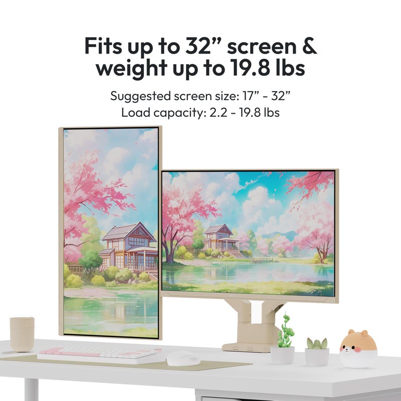 Pixio PS1D Wave Beige Dual Monitor Arm Stand Desk Mount - Fits up to 32 inches Monitors and up to 19.8lbs. VESA Compatibility and Integrated Cable Management - Image 2