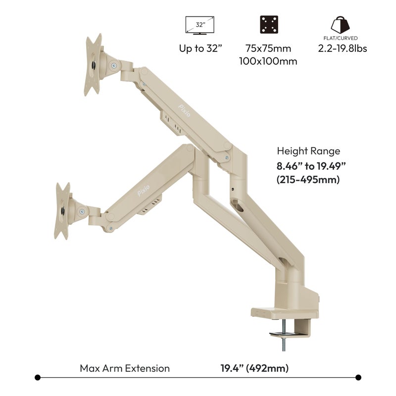 Pixio PS1D Wave Beige Dual Monitor Arm Stand Desk Mount - Fits up to 32 inches Monitors and up to 19.8lbs. VESA Compatibility and Integrated Cable Management - Image 4