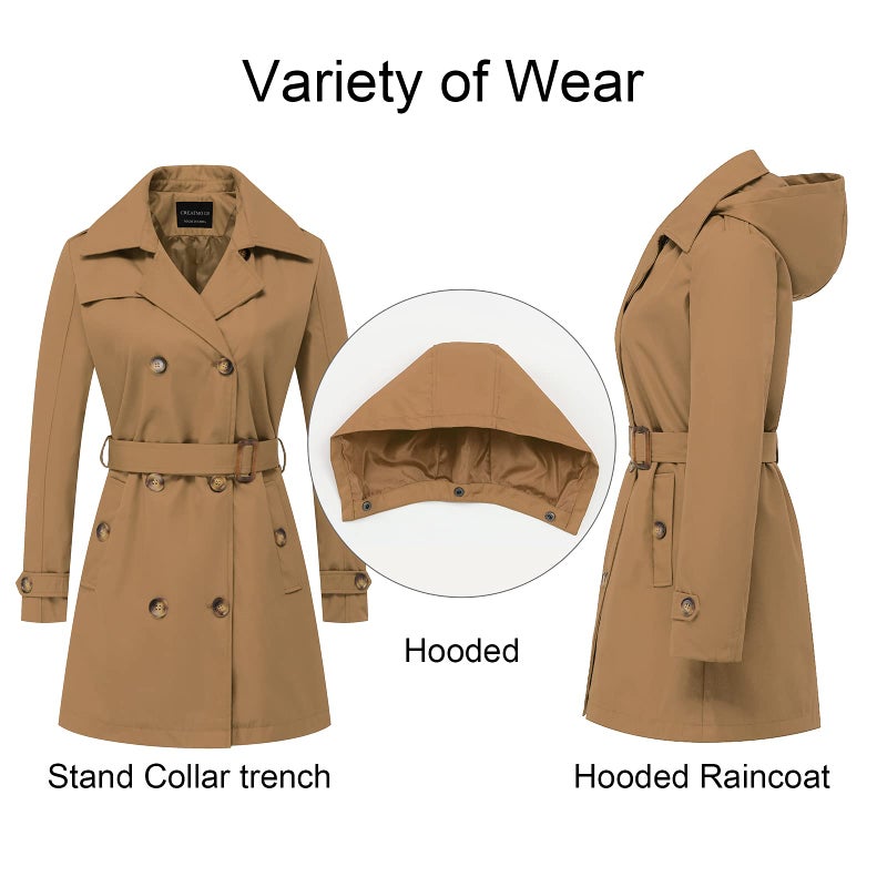 CREATMO US Women'S Soft Shell Trench Coat Water Resistant With Hood Camel S - Image 3