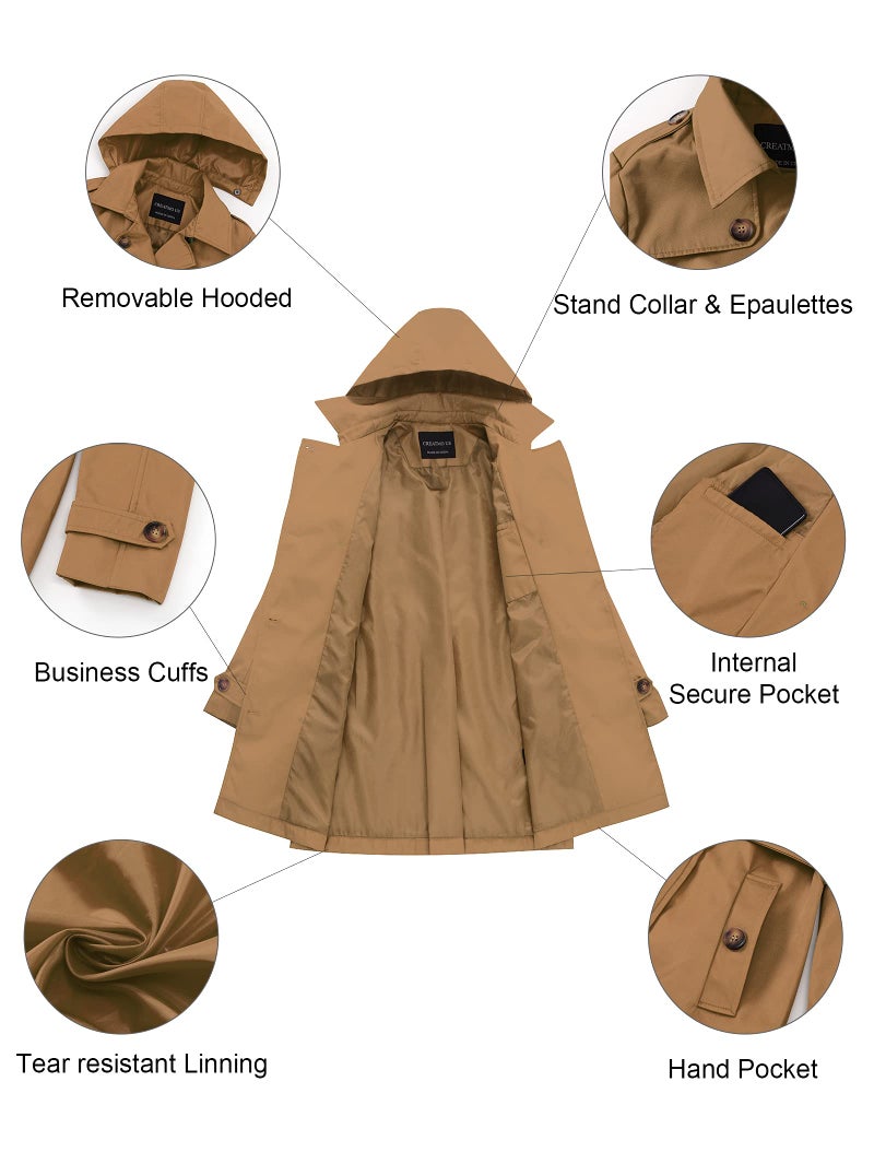 CREATMO US Women'S Soft Shell Trench Coat Water Resistant With Hood Camel S - Image 5