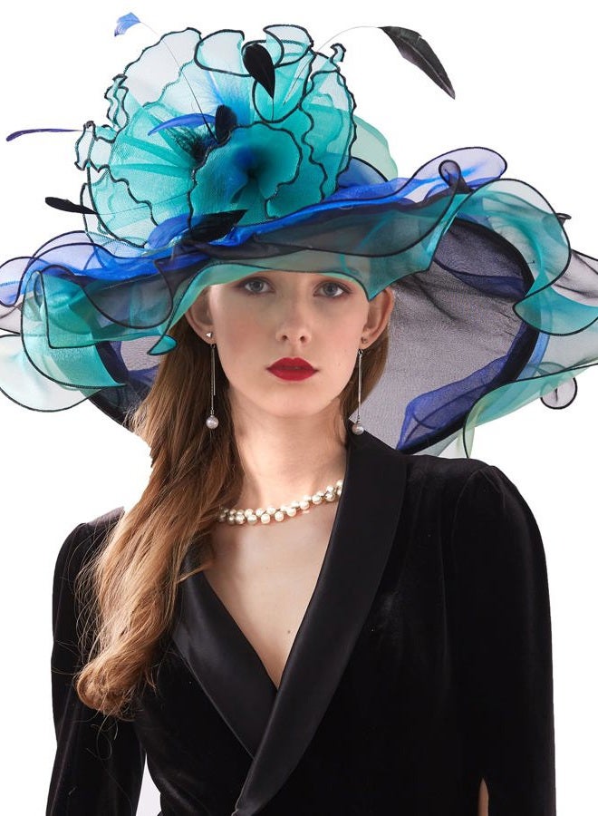 ORIDOOR Women Hats Headband Hairpin Organza Fascinator Church Hat Floral Tea Party Wedding Hat for Ladies, 003a Blue and Green … - Image 1