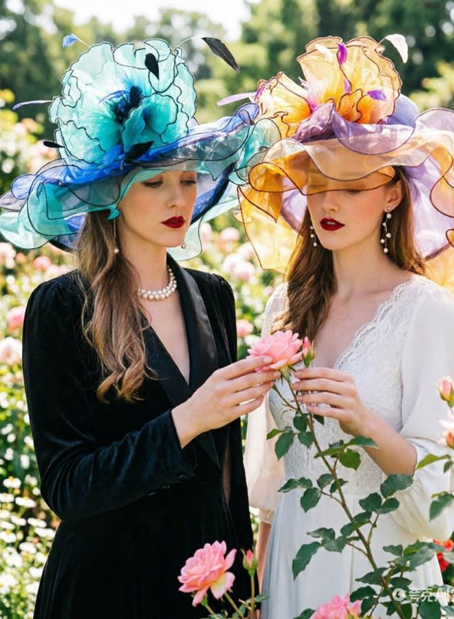 ORIDOOR Women Hats Headband Hairpin Organza Fascinator Church Hat Floral Tea Party Wedding Hat for Ladies, 003a Blue and Green … - Image 4
