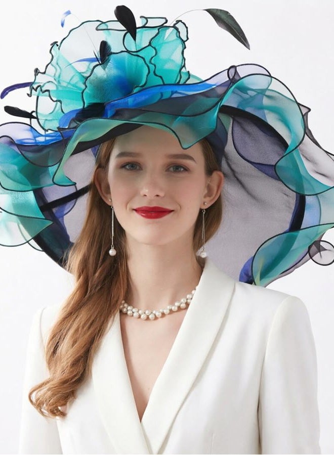 ORIDOOR Women Hats Headband Hairpin Organza Fascinator Church Hat Floral Tea Party Wedding Hat for Ladies, 003a Blue and Green … - Image 3