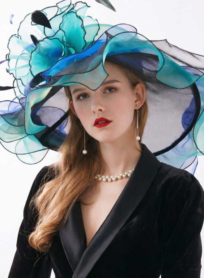 ORIDOOR Women Hats Headband Hairpin Organza Fascinator Church Hat Floral Tea Party Wedding Hat for Ladies, 003a Blue and Green … - Image 2