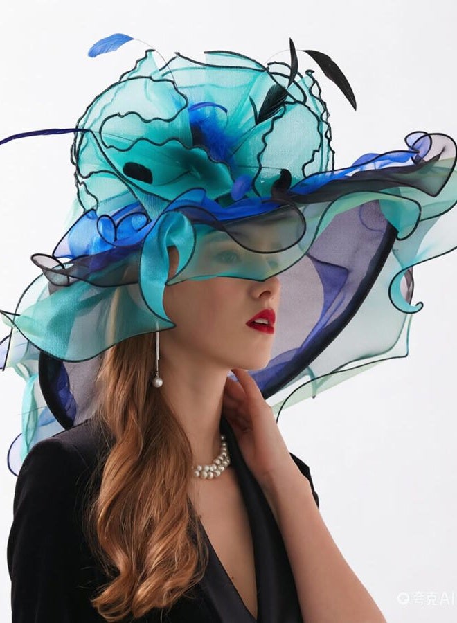 ORIDOOR Women Hats Headband Hairpin Organza Fascinator Church Hat Floral Tea Party Wedding Hat for Ladies, 003a Blue and Green … - Image 5