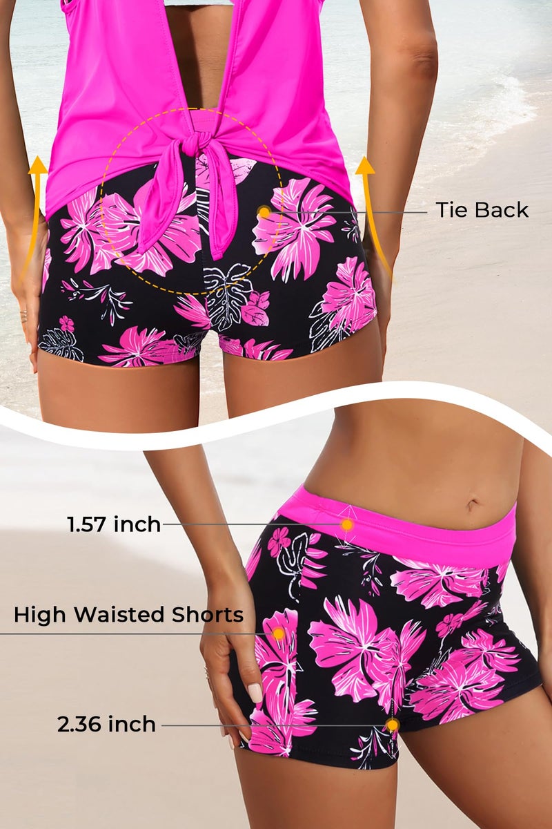 Aqua Eve 3 Piece Tankini Swimsuit for Women Tank Bathing Suit with Shorts Open Back Athletic Swimwear Pink Floral M - Image 5