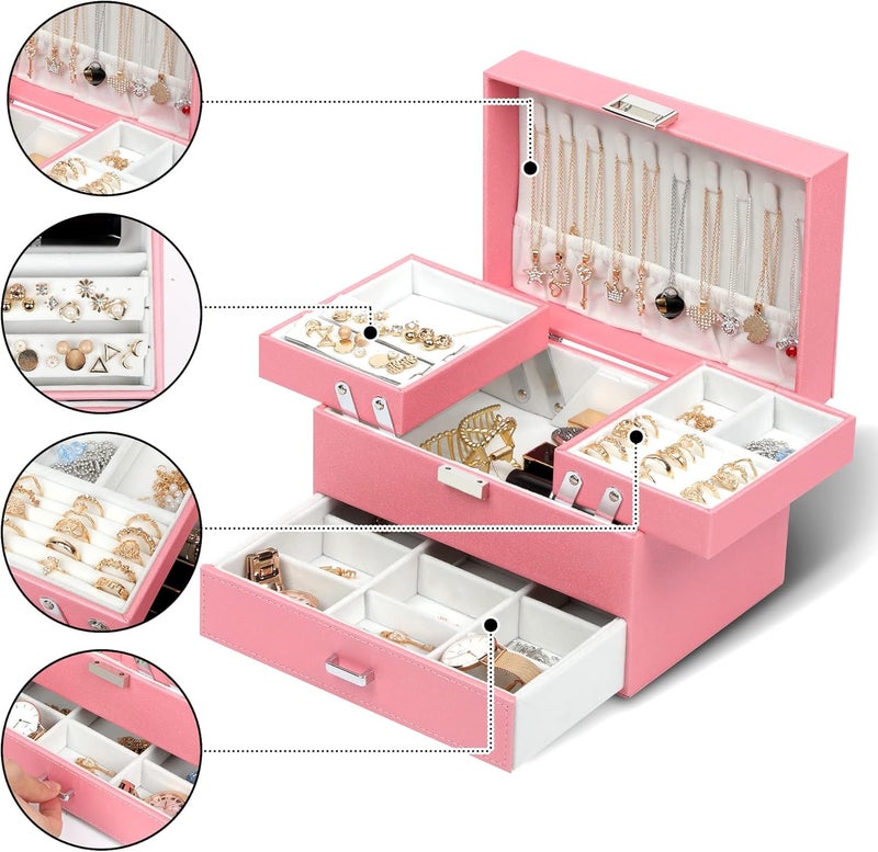 Dajasan Jewelry Box for Girls Women, PU Leather Jewelry Organizer Box, 3 Layers Jewelry Gift Box for Christmas, Valentine's Day, Birthday, Mother's Day (Pink) - Image 2
