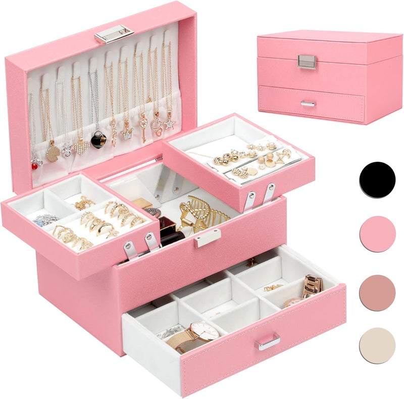 Dajasan Jewelry Box for Girls Women, PU Leather Jewelry Organizer Box, 3 Layers Jewelry Gift Box for Christmas, Valentine's Day, Birthday, Mother's Day (Pink) - Image 1